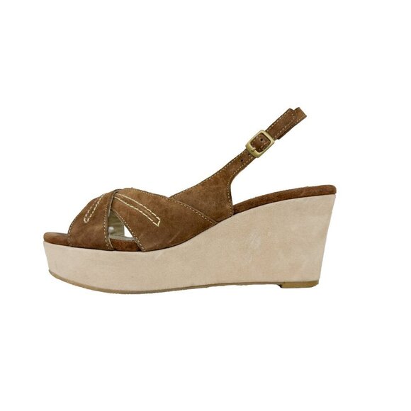 VTG HUSH PUPPIES Sling Back Suede‎ Peep Toes Wedges Platform Brown Sandals 7 M - Picture 5 of 12